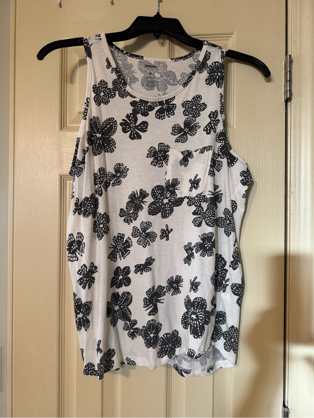 Women’s White Tank with Black Floral Print and Chest Pocket